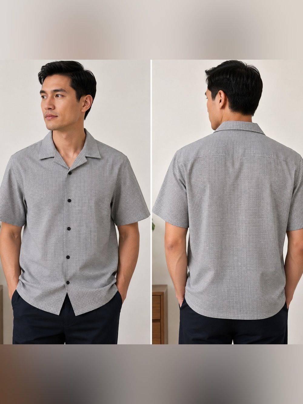 Theory Daze Men's Short-Sleeve Button-Down Shirt in Gray Micro Grid Seer Size L